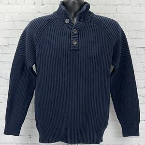 Esprit Original Cotton Rib Knit Sweater Mens M Medium Navy Blue Button Mock Neck